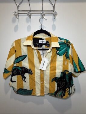 MAVRANS Cropped Button-Up Shirt in Mustard & Cream with Teal Leaf Print
